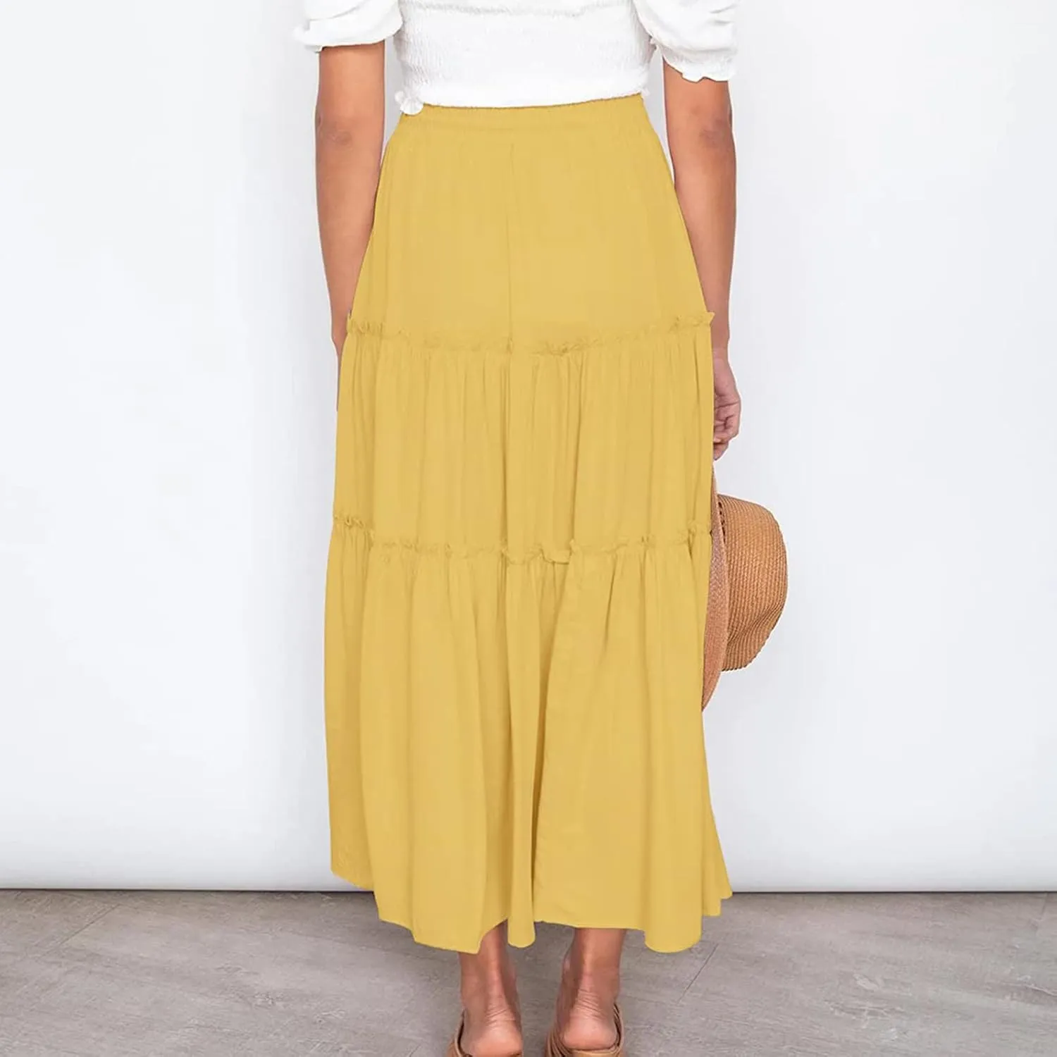 Women High Waist Casual Maxi Skirts Elastic Drawstring Pleated Long Skirt Loose Swing Beach Boho Skirt Half Dress