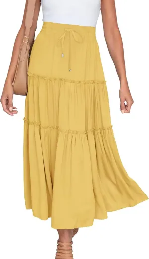 Women High Waist Casual Maxi Skirts Elastic Drawstring Pleated Long Skirt Loose Swing Beach Boho Skirt Half Dress