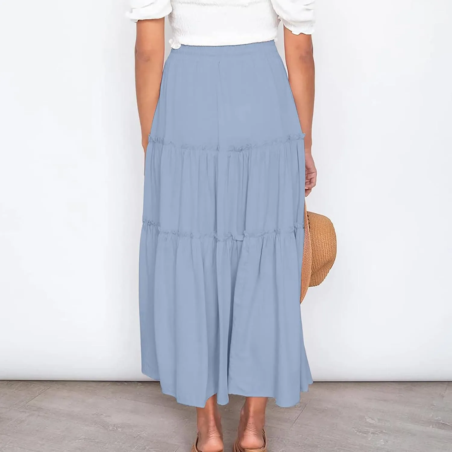 Women High Waist Casual Maxi Skirts Elastic Drawstring Pleated Long Skirt Loose Swing Beach Boho Skirt Half Dress