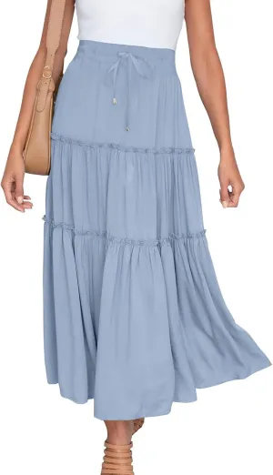 Women High Waist Casual Maxi Skirts Elastic Drawstring Pleated Long Skirt Loose Swing Beach Boho Skirt Half Dress