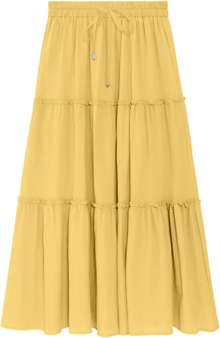 Women High Waist Casual Maxi Skirts Elastic Drawstring Pleated Long Skirt Loose Swing Beach Boho Skirt Half Dress