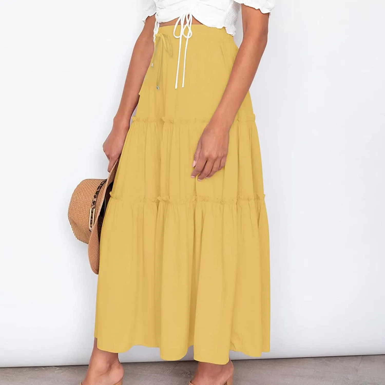 Women High Waist Casual Maxi Skirts Elastic Drawstring Pleated Long Skirt Loose Swing Beach Boho Skirt Half Dress