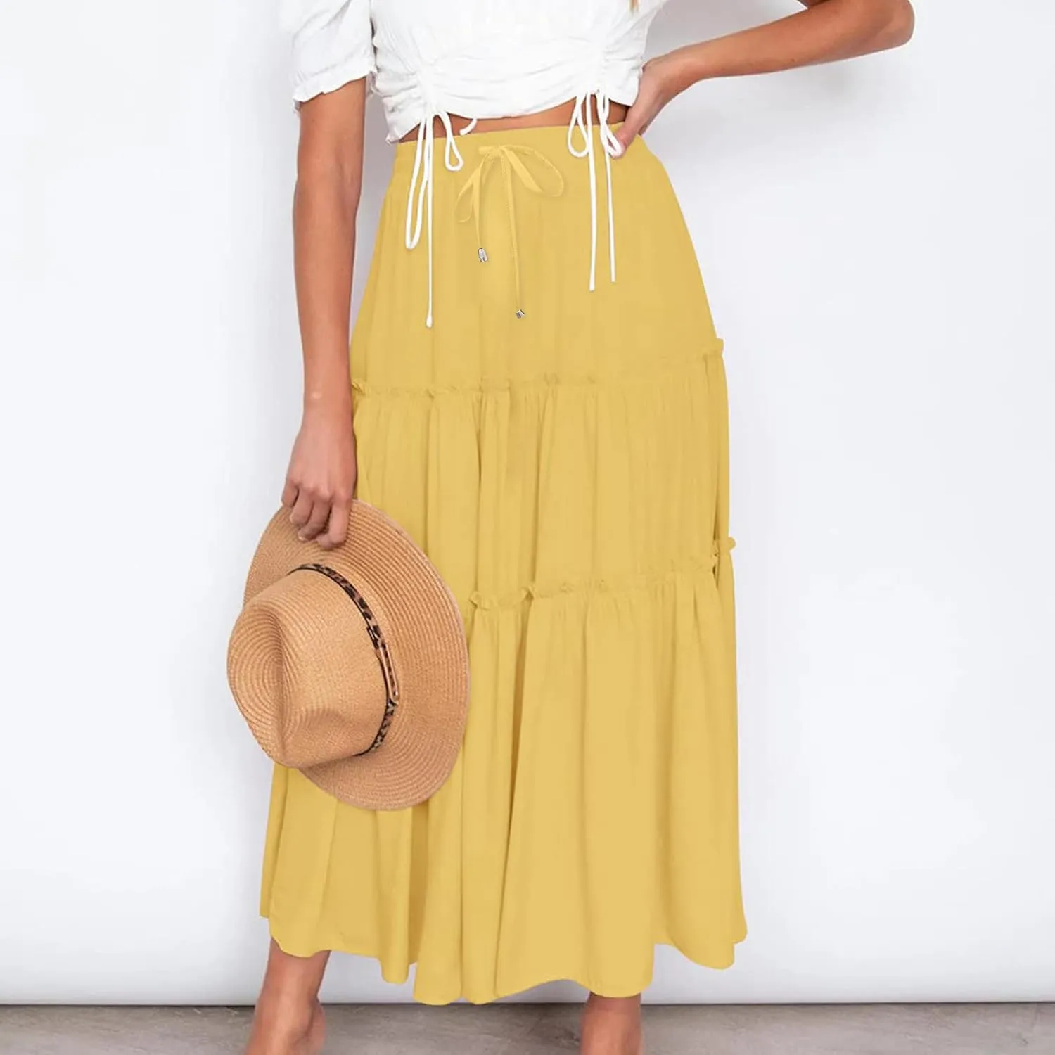Women High Waist Casual Maxi Skirts Elastic Drawstring Pleated Long Skirt Loose Swing Beach Boho Skirt Half Dress