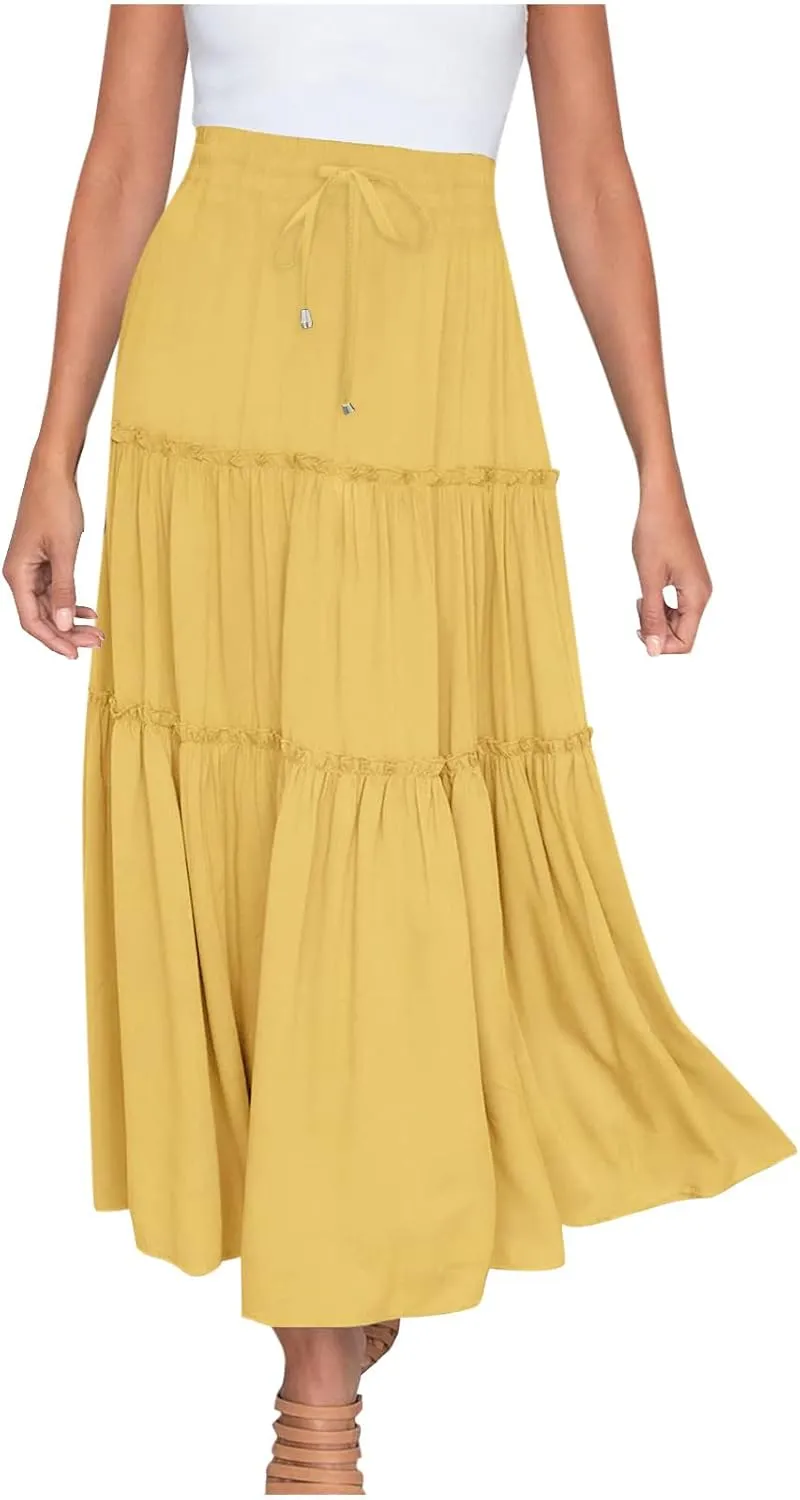 Women High Waist Casual Maxi Skirts Elastic Drawstring Pleated Long Skirt Loose Swing Beach Boho Skirt Half Dress