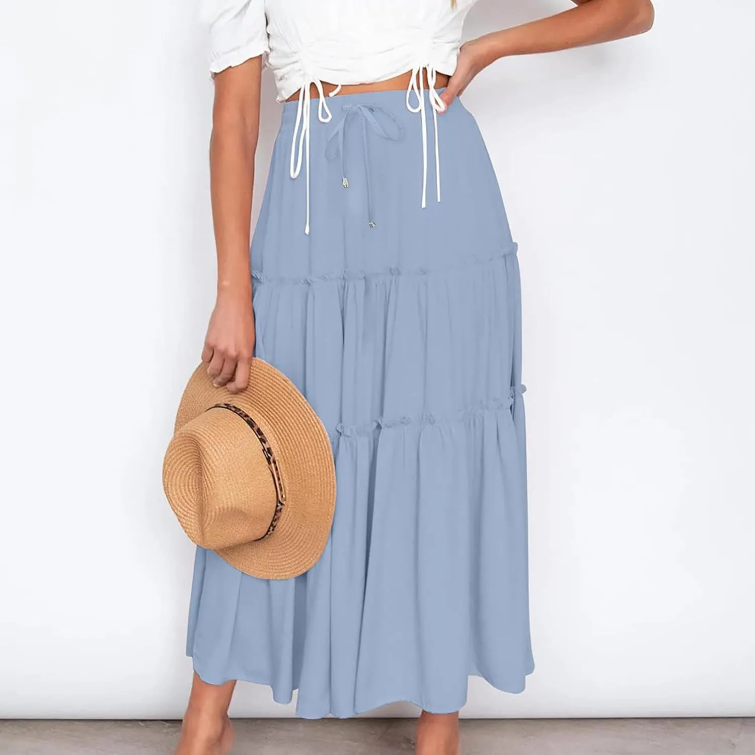 Women High Waist Casual Maxi Skirts Elastic Drawstring Pleated Long Skirt Loose Swing Beach Boho Skirt Half Dress