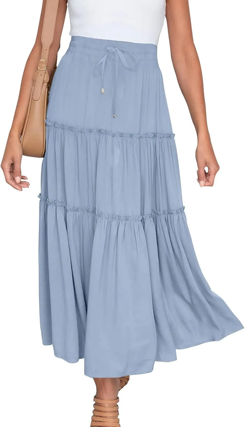 Women High Waist Casual Maxi Skirts Elastic Drawstring Pleated Long Skirt Loose Swing Beach Boho Skirt Half Dress