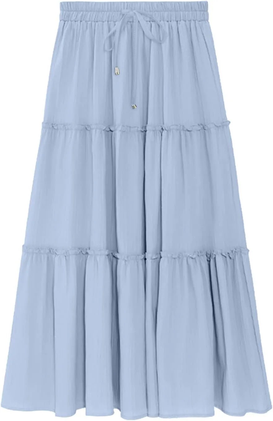 Women High Waist Casual Maxi Skirts Elastic Drawstring Pleated Long Skirt Loose Swing Beach Boho Skirt Half Dress