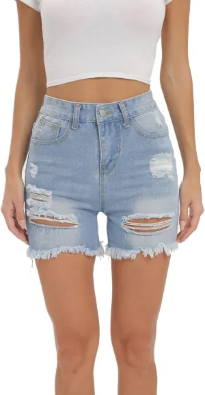 Women High Waisted Shorts Skinny Stretchy Denim Short Casual Summer Frayed Raw Hem Distressed Ripped Short Jeans