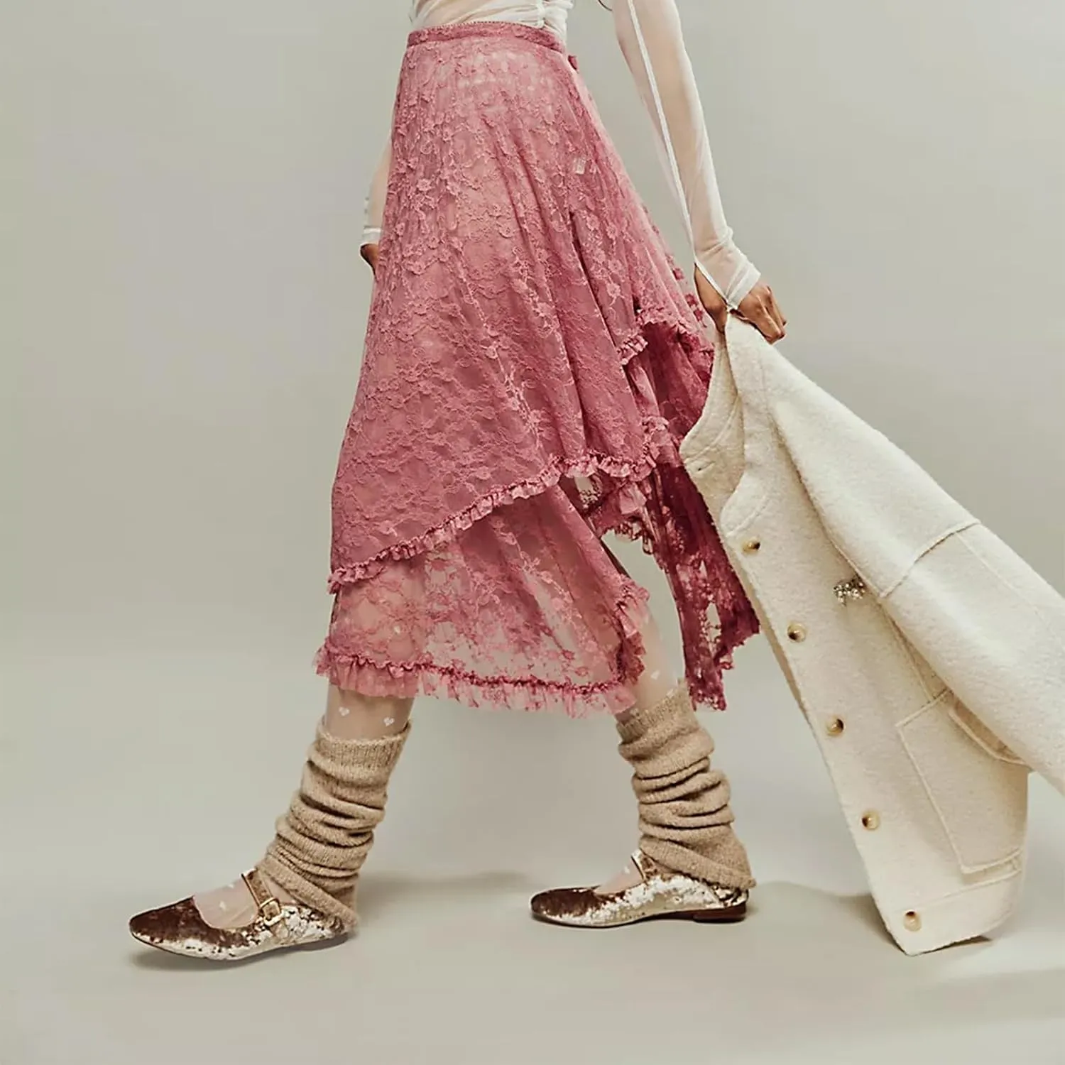Women Lace Long Skirt See Through High Waist A-line Midi Skirts Spring Summer Irregular Hem Casual Skirts