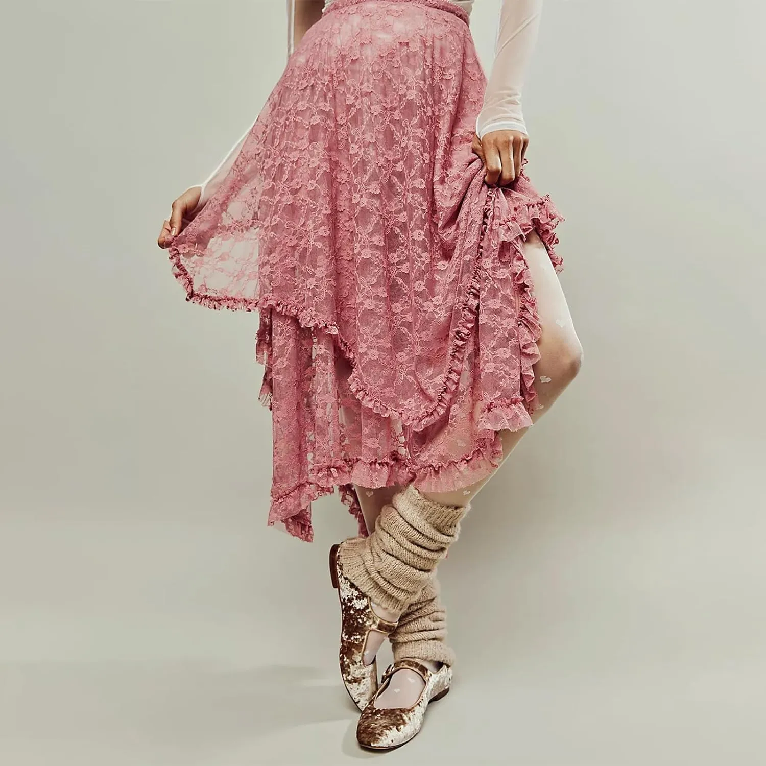Women Lace Long Skirt See Through High Waist A-line Midi Skirts Spring Summer Irregular Hem Casual Skirts