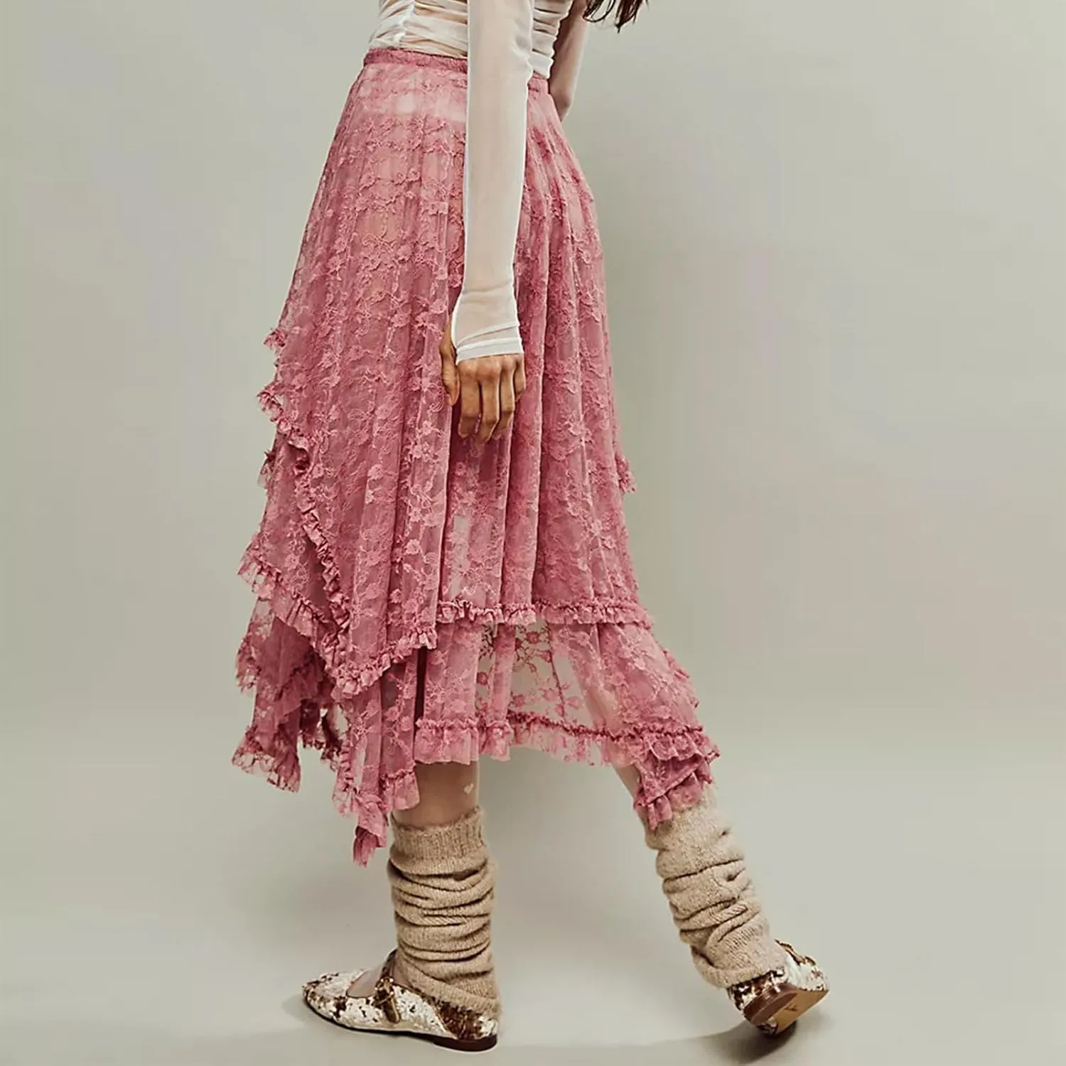 Women Lace Long Skirt See Through High Waist A-line Midi Skirts Spring Summer Irregular Hem Casual Skirts