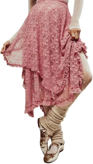 Women Lace Long Skirt See Through High Waist A-line Midi Skirts Spring Summer Irregular Hem Casual Skirts