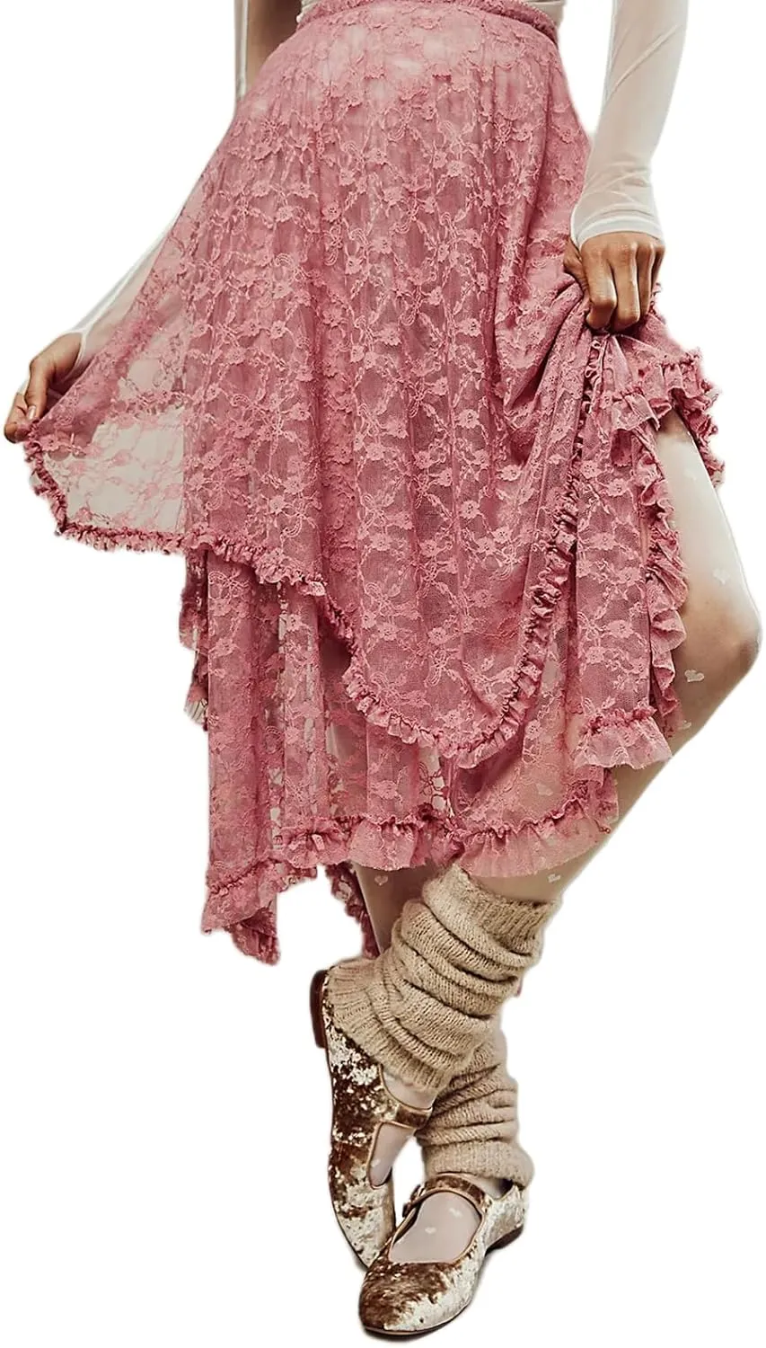 Women Lace Long Skirt See Through High Waist A-line Midi Skirts Spring Summer Irregular Hem Casual Skirts