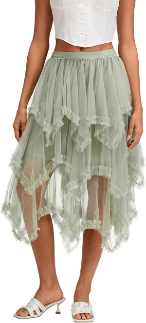 Women Layered Tulle Long Skirt High Waist Ruffle Midi Skirt Casual Cocktail Party A-Line Mesh Midi Skirt