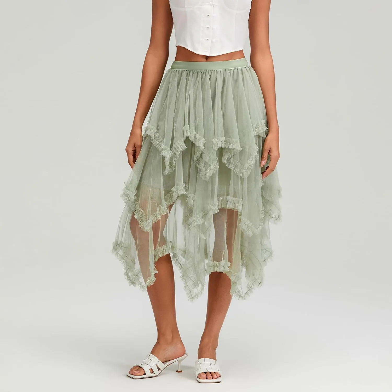 Women Layered Tulle Long Skirt High Waist Ruffle Midi Skirt Casual Cocktail Party A-Line Mesh Midi Skirt