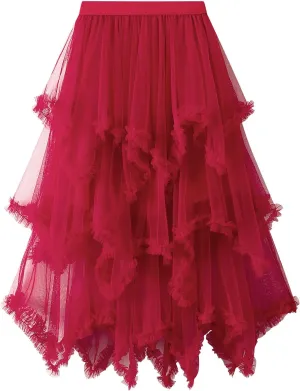 Women Layered Tulle Long Skirt High Waist Ruffle Midi Skirt Casual Cocktail Party A-Line Mesh Midi Skirt