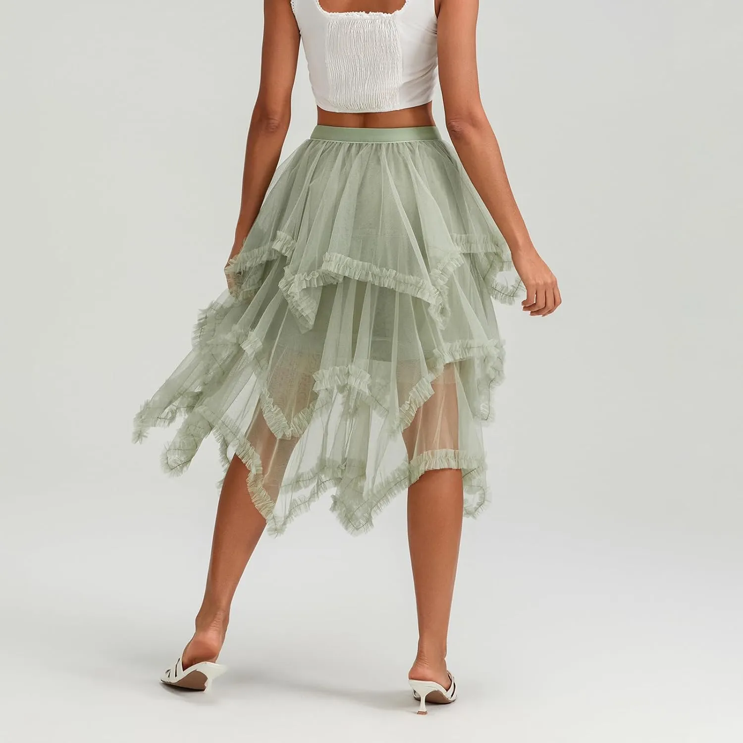 Women Layered Tulle Long Skirt High Waist Ruffle Midi Skirt Casual Cocktail Party A-Line Mesh Midi Skirt