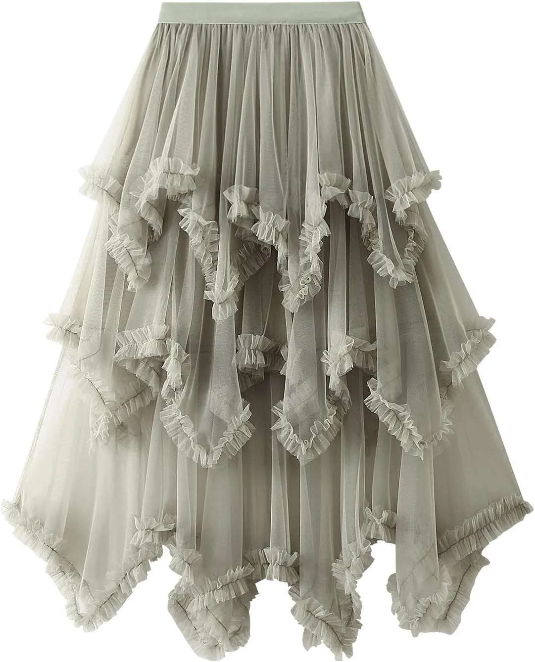 Women Layered Tulle Long Skirt High Waist Ruffle Midi Skirt Casual Cocktail Party A-Line Mesh Midi Skirt