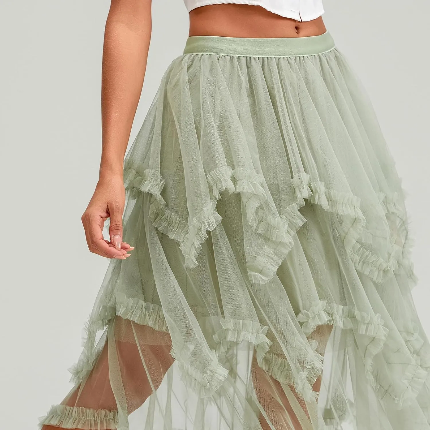 Women Layered Tulle Long Skirt High Waist Ruffle Midi Skirt Casual Cocktail Party A-Line Mesh Midi Skirt