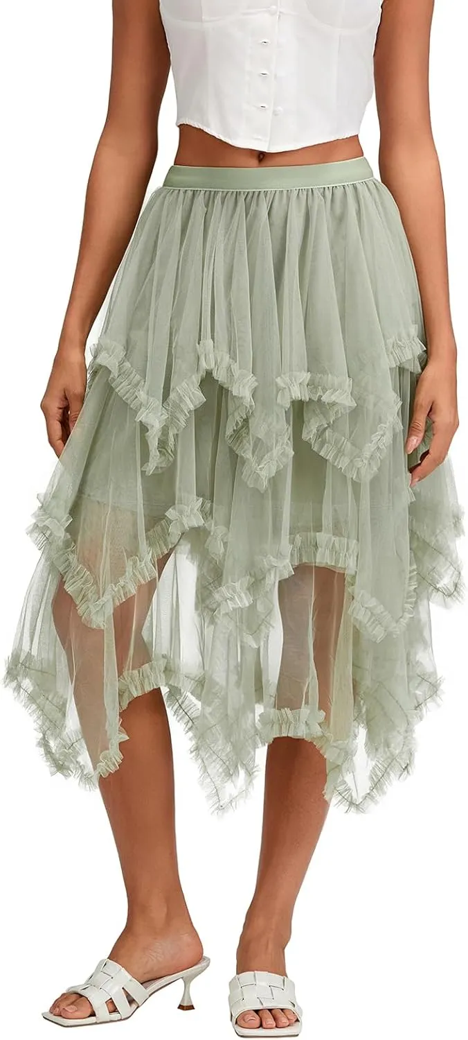 Women Layered Tulle Long Skirt High Waist Ruffle Midi Skirt Casual Cocktail Party A-Line Mesh Midi Skirt