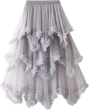 Women Layered Tulle Long Skirt High Waist Ruffle Midi Skirt Casual Cocktail Party A-Line Mesh Midi Skirt