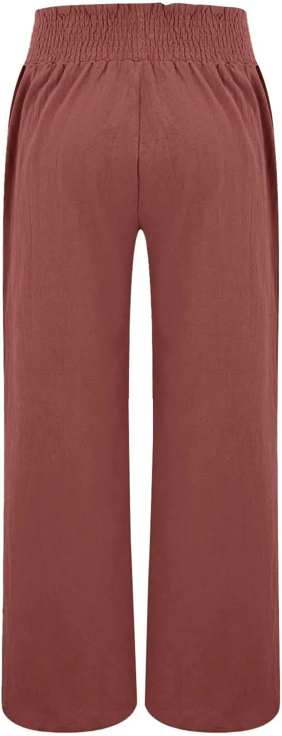 Women Linen Palazzo Pants Wide Leg High Waist Summer Casual Boho Trousers Travel Vacation Long Work
