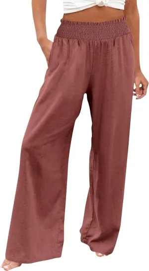 Women Linen Palazzo Pants Wide Leg High Waist Summer Casual Boho Trousers Travel Vacation Long Work