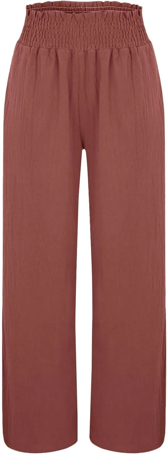 Women Linen Palazzo Pants Wide Leg High Waist Summer Casual Boho Trousers Travel Vacation Long Work