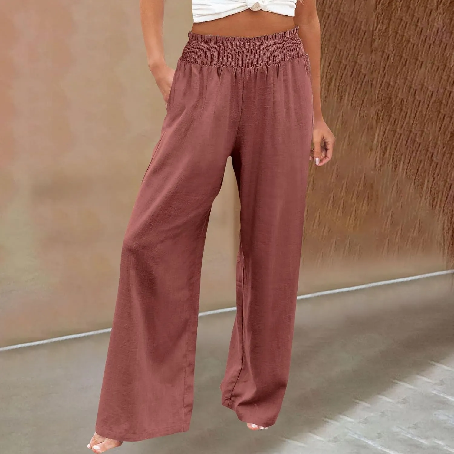 Women Linen Palazzo Pants Wide Leg High Waist Summer Casual Boho Trousers Travel Vacation Long Work