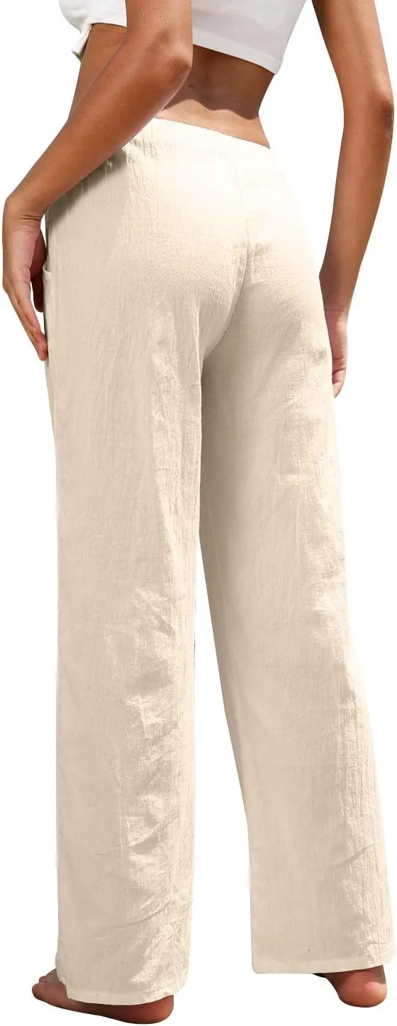 Women Linen Pants High Waisted Wide Leg Lounge Straight Summer Casual Loose Trousers with Pockets White