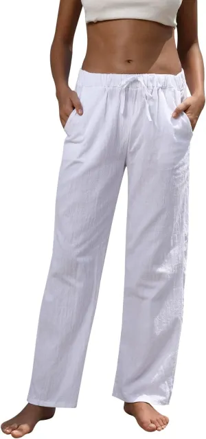 Women Linen Pants High Waisted Wide Leg Lounge Straight Summer Casual Loose Trousers with Pockets White