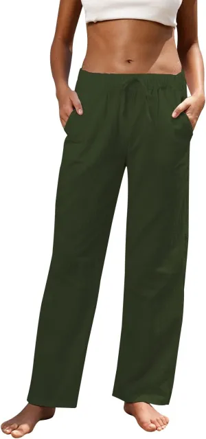 Women Linen Pants High Waisted Wide Leg Lounge Straight Summer Casual Loose Trousers with Pockets White