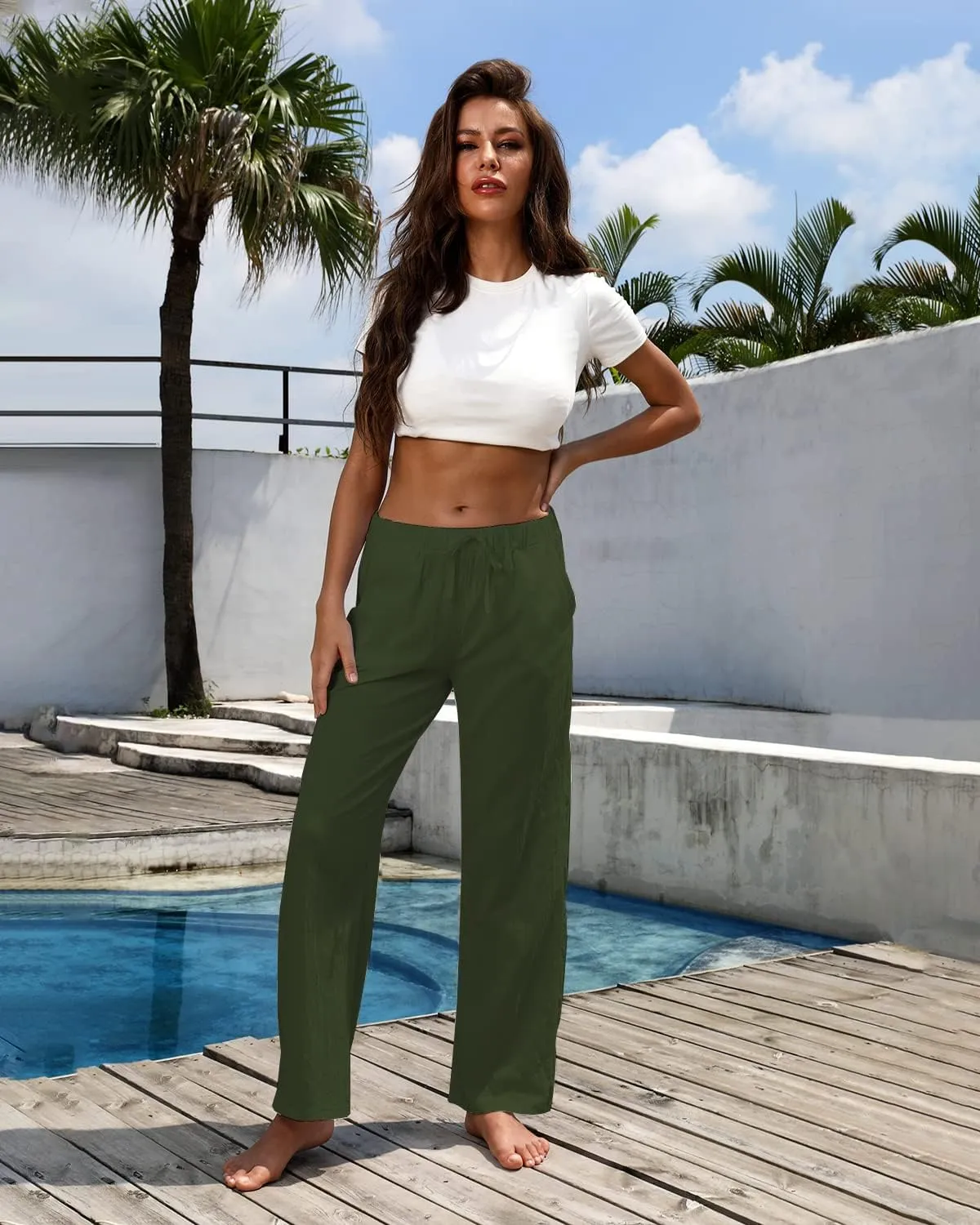 Women Linen Pants High Waisted Wide Leg Lounge Straight Summer Casual Loose Trousers with Pockets White