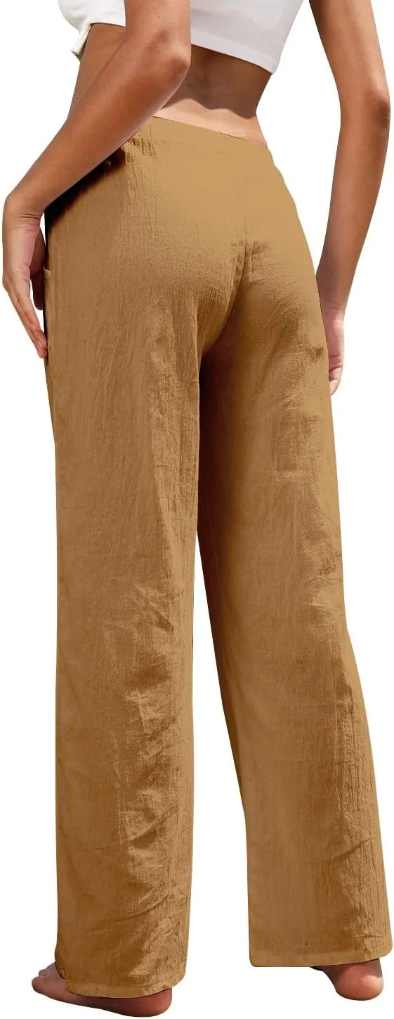 Women Linen Pants High Waisted Wide Leg Lounge Straight Summer Casual Loose Trousers with Pockets White