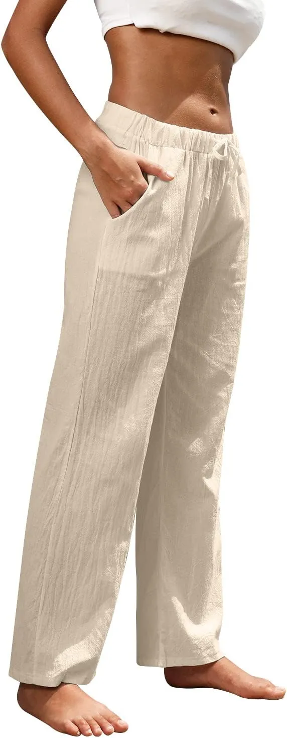 Women Linen Pants High Waisted Wide Leg Lounge Straight Summer Casual Loose Trousers with Pockets White
