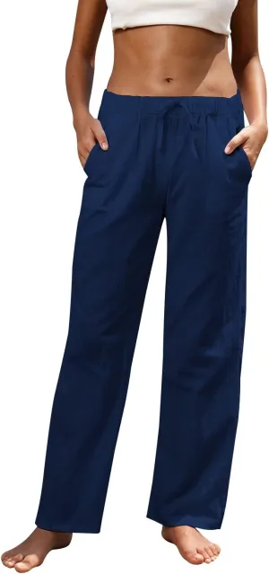 Women Linen Pants High Waisted Wide Leg Lounge Straight Summer Casual Loose Trousers with Pockets White