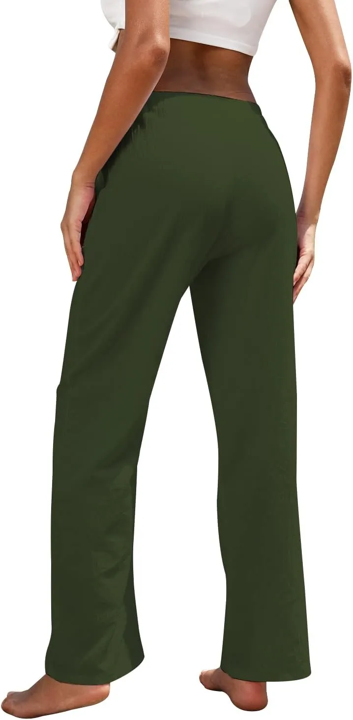 Women Linen Pants High Waisted Wide Leg Lounge Straight Summer Casual Loose Trousers with Pockets White
