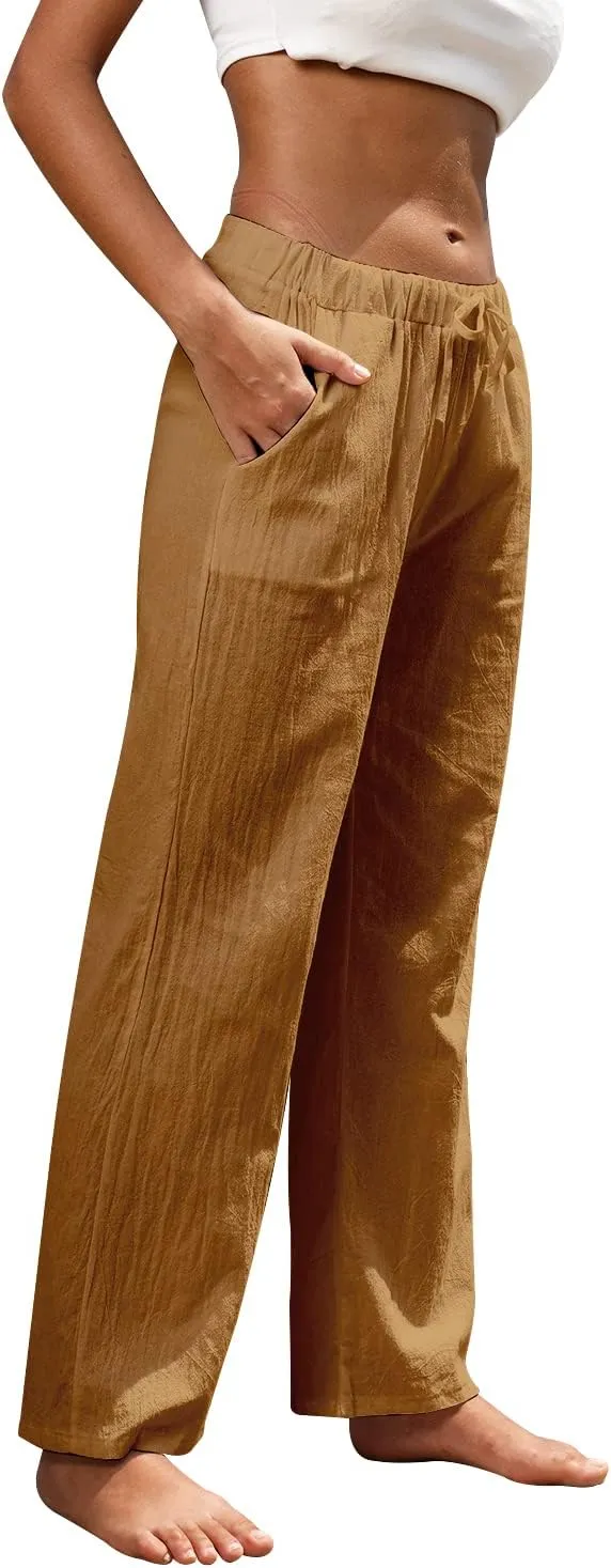 Women Linen Pants High Waisted Wide Leg Lounge Straight Summer Casual Loose Trousers with Pockets White