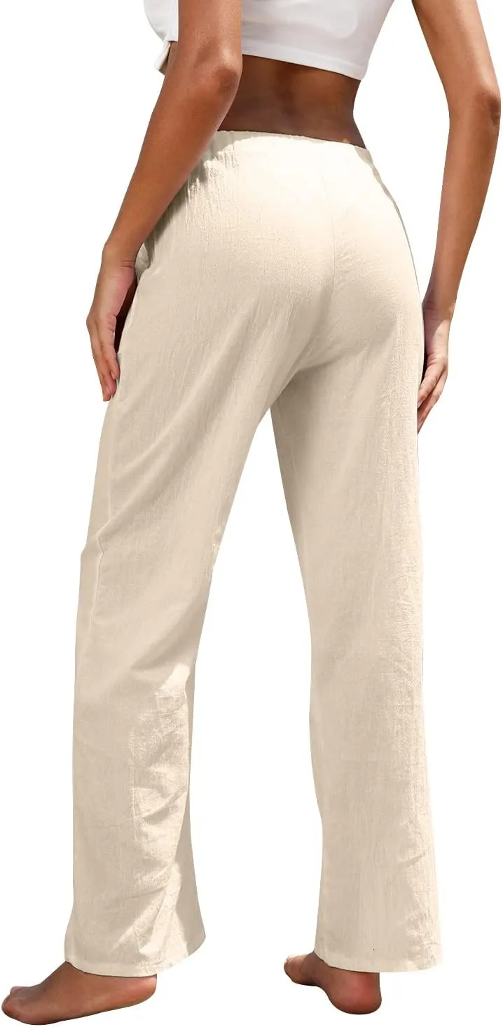 Women Linen Pants High Waisted Wide Leg Lounge Straight Summer Casual Loose Trousers with Pockets White