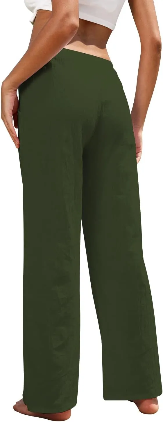 Women Linen Pants High Waisted Wide Leg Lounge Straight Summer Casual Loose Trousers with Pockets White