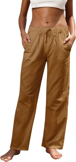 Women Linen Pants High Waisted Wide Leg Lounge Straight Summer Casual Loose Trousers with Pockets White
