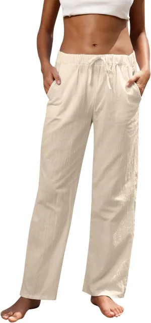 Women Linen Pants High Waisted Wide Leg Lounge Straight Summer Casual Loose Trousers with Pockets White