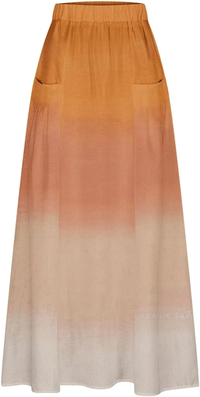 Women Maxi Skirt Gradient Color Loose Fit Stretchy Summer Skirt with Pockets Pleated Comfy Trendy 2025 Casual Skirt