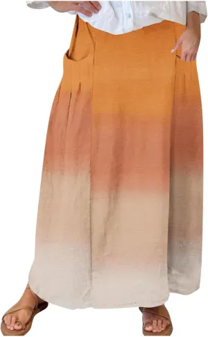 Women Maxi Skirt Gradient Color Loose Fit Stretchy Summer Skirt with Pockets Pleated Comfy Trendy 2025 Casual Skirt