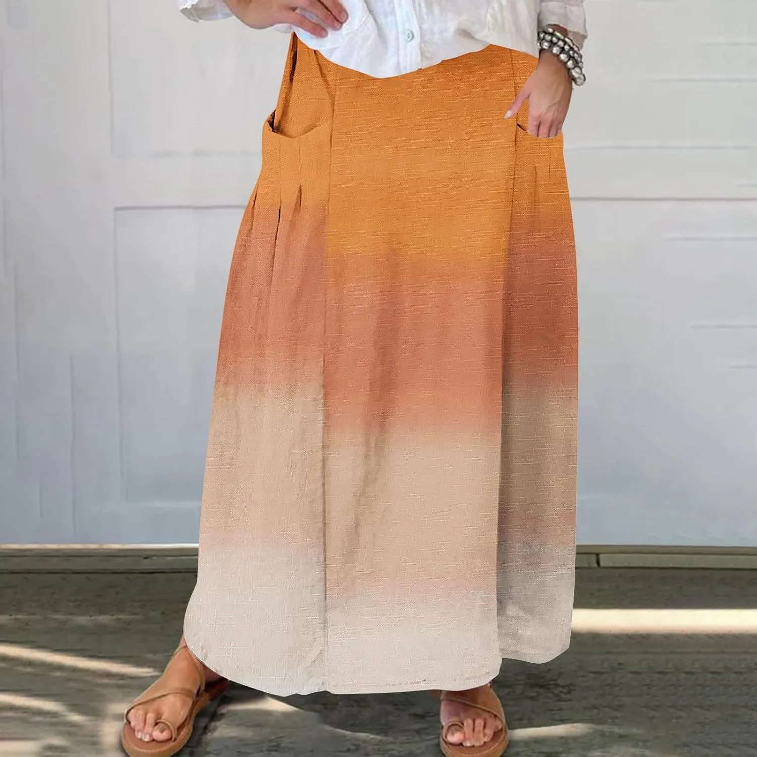 Women Maxi Skirt Gradient Color Loose Fit Stretchy Summer Skirt with Pockets Pleated Comfy Trendy 2025 Casual Skirt