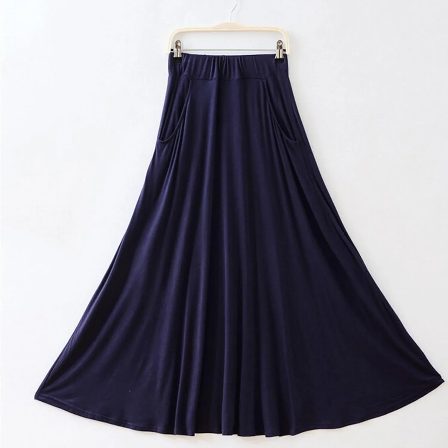 Women Maxi Skirt High Waisted Solid Color Summer Casual Skirt Pleated Swing Beach Skirt with Pockets for Vacation