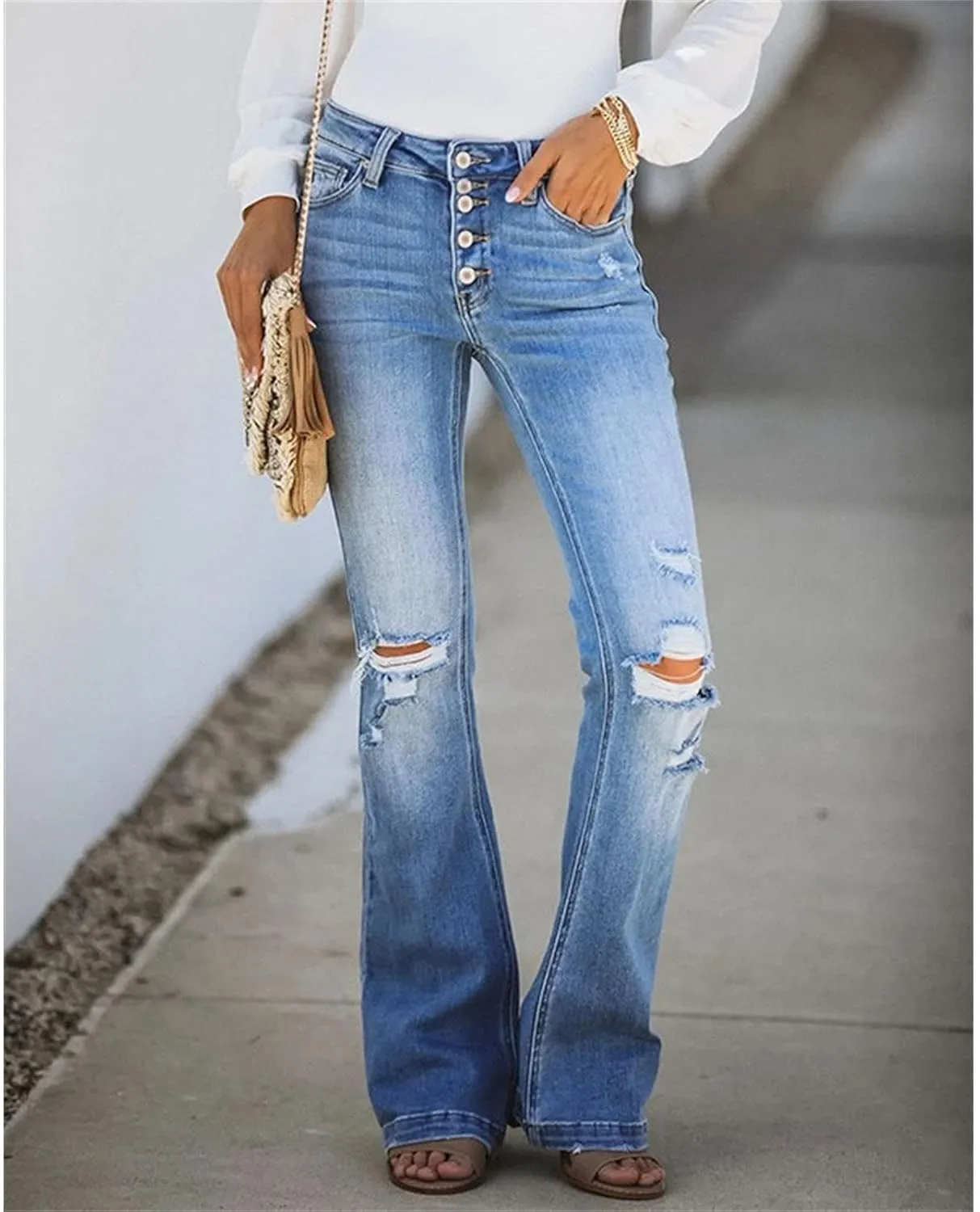 Women Multi-Button Flared Jeans High Waist Stretch Skinny Bell Bottom Denim Pants Distressed Slim Fit Denim Trousers