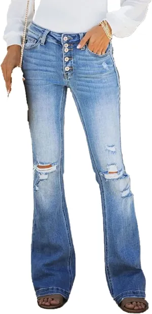 Women Multi-Button Flared Jeans High Waist Stretch Skinny Bell Bottom Denim Pants Distressed Slim Fit Denim Trousers