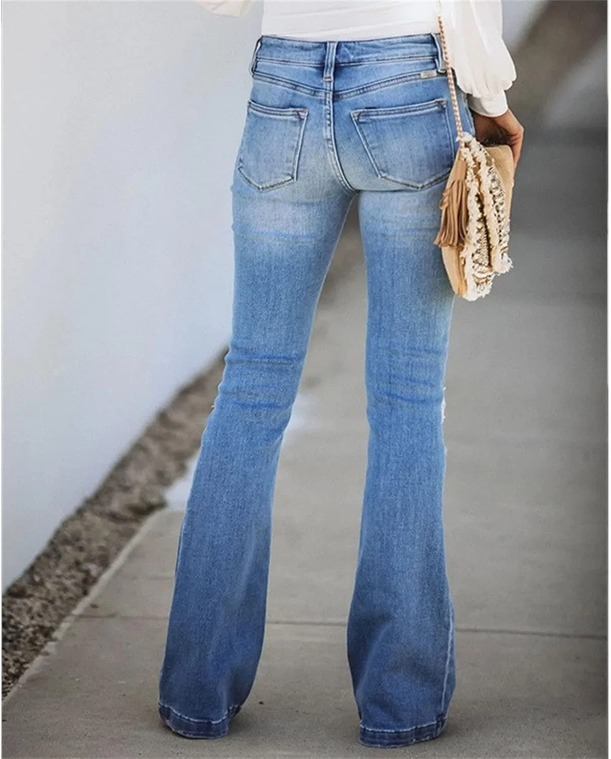 Women Multi-Button Flared Jeans High Waist Stretch Skinny Bell Bottom Denim Pants Distressed Slim Fit Denim Trousers
