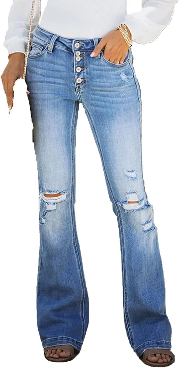 Women Multi-Button Flared Jeans High Waist Stretch Skinny Bell Bottom Denim Pants Distressed Slim Fit Denim Trousers